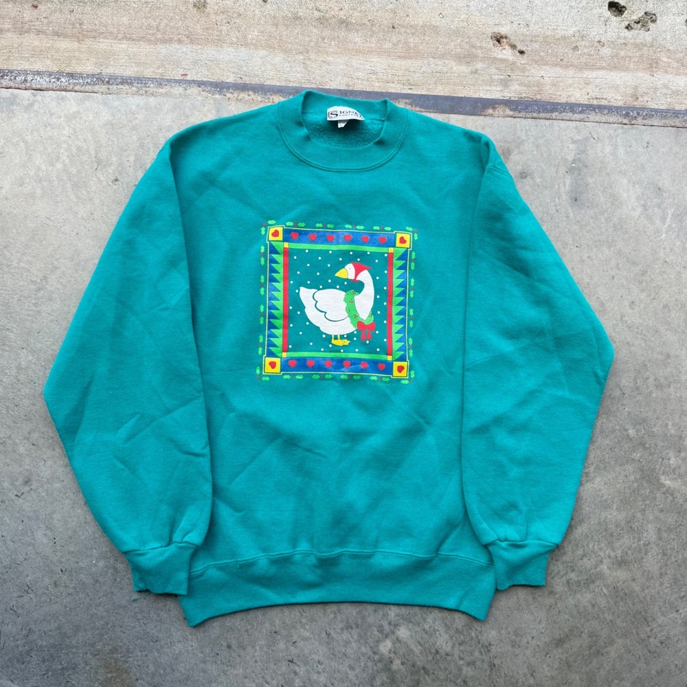 Vintage 1991 Signet Sportswear Christmas Goose Sweatshirt Teal Green Medium